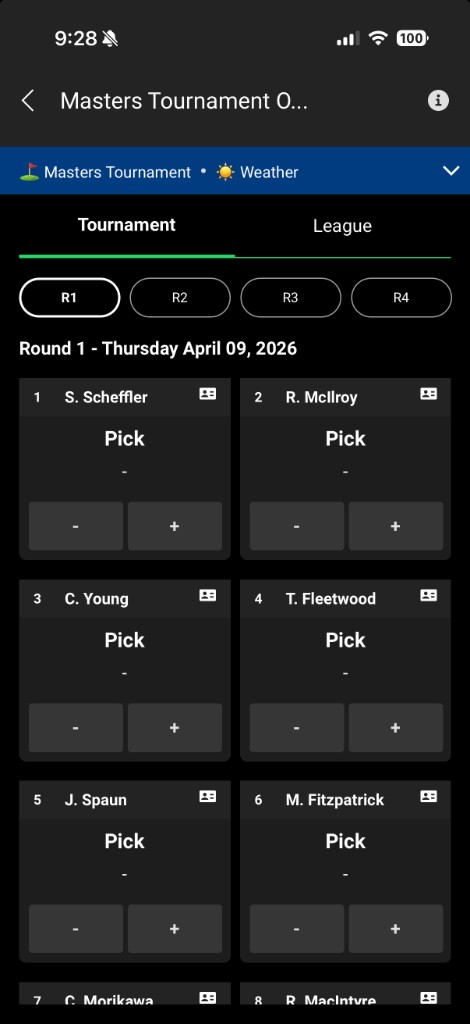 Golf Nuts App – league picks view